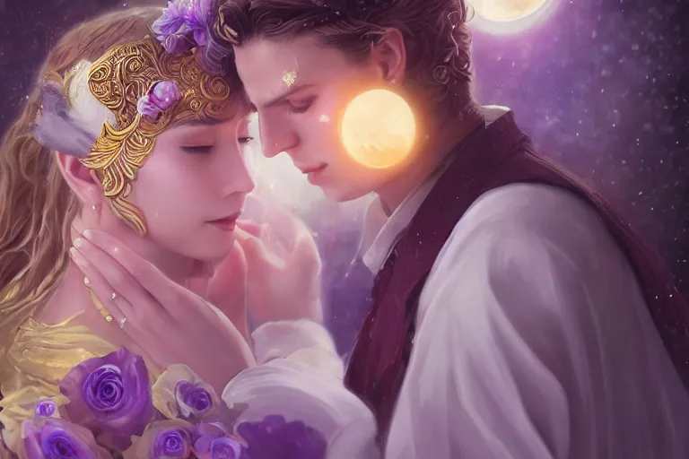 Image similar to a dreamlike cinematic portrait of wedding photograph close up moment of a divine a russia sun god and moon goddess lovers magician at a wedding banquet. portraiture. digital painting. artstation. concept art. fantasy wedding photo. digital painting, 8 k realistic, hyper detailed, violet evergarden art masterpiece by art by krenz cushart