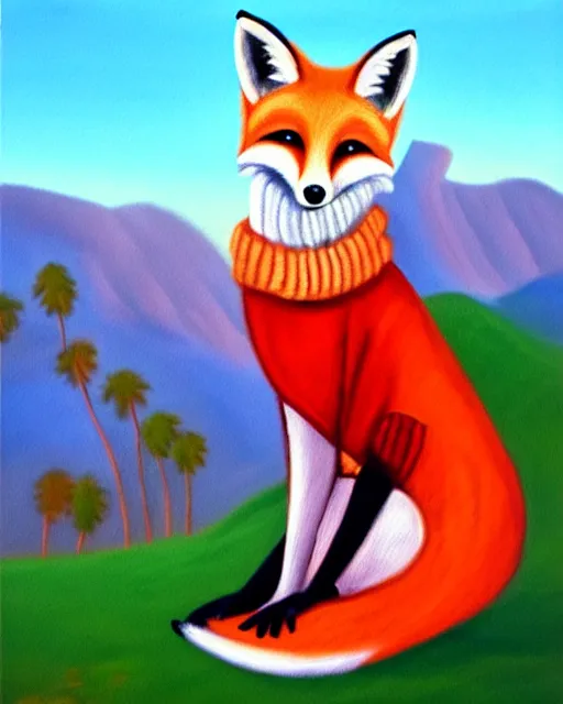 Prompt: oil painting portrait of anthropomorphic female fox animal dressed in sweater and scarf, fox animal, hollywood sign in background, oil painting,