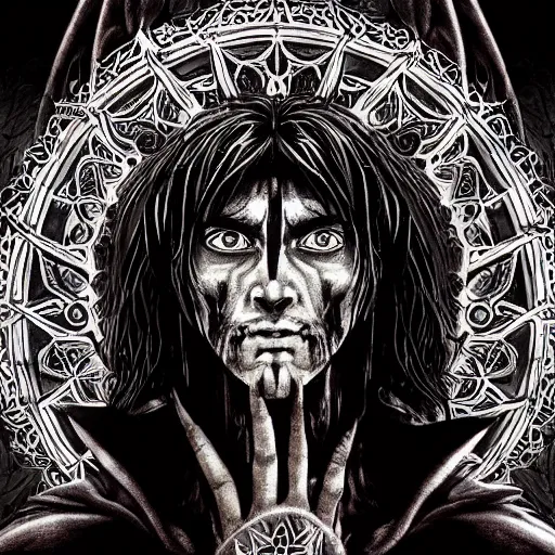 Image similar to 4K headshot portrait of godlike Warlock of Nazareth with defined arms and open hands and bloody clothes with giant mandala wings , intricate face , flawless anime cel animation by Kentaro Miura, psychedelic , highly detailed upper body , professionally post-processed , beautiful, scary, symmetry accurate features, epic, octane rendered, anime masterpiece, accurate by Craig Mullins, ilya kuvshinov, krenz cushart, epic , artgerm trending on artstation by Edward Hopper and Dan Mumford and WLOP and Rutkovsky, beksinski carl spitzweg moebius and tuomas kocar, intricate artwork by caravaggio, Unreal Engine 5, Lumen, Nanite