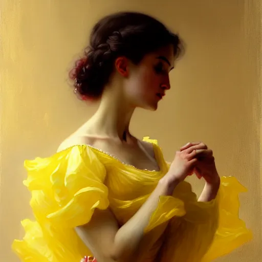 Image similar to a woman in a yellow organza dress dancing, intricate, elegant, digital painting, realistic, concept art, smooth, sharp focus, illustration, by ruan jia and mandy jurgens and william - adolphe bouguereau, artgerm