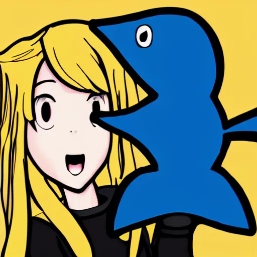 Image similar to a blonde-girl-in-a-black-hoodie holding a blue-shark-stuffie, anime style digital art