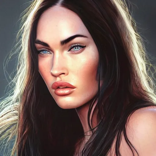 Image similar to megan fox closeup of face. hyperrealistic portrait, photo realistic, poster, artstation, volumetric lighting, digital art, very detailed face by magali villeneuve