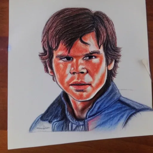 Prompt: a 6yo kids crayon drawing of han solo