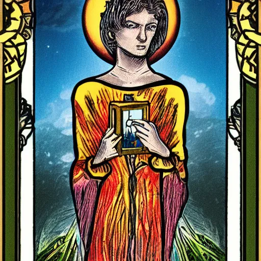 Prompt: The tarot card of earthly demise, showcased in a glass box, uncropped, 8k, highly detailed, commission, concept art.