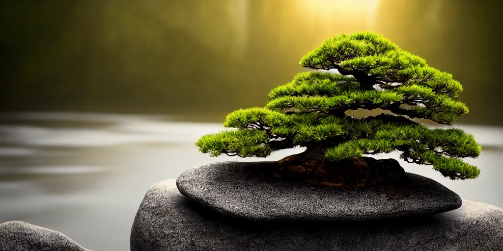 Prompt: photo bonsai cedar on a small angular rock in the water, gold hour, soft lighting, light fog, medium full shot, volumetric lighting, beautiful, ultra detailed, cgsociety by leesha hannigan, thierry doizon, 3 5 mm, fujifilm, cinematic, realistic