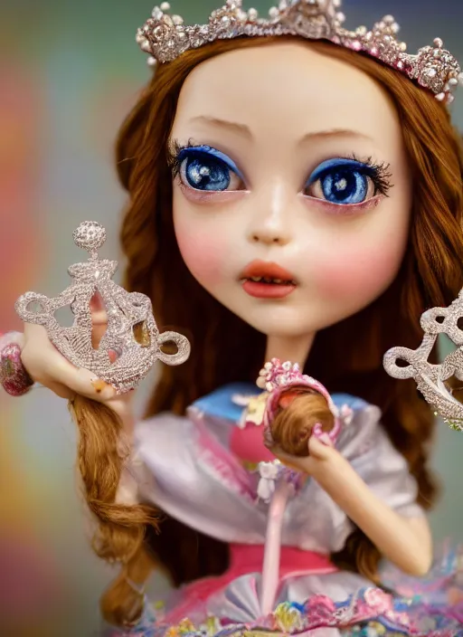 Image similar to closeup face profile portrait of a tin toy fairytale princess wearing a crown eating cakes, bikini, depth of field, zeiss lens, detailed, symmetrical, centered, fashion photoshoot, by nicoletta ceccoli, mark ryden, lostfish, breathtaking, 8 k resolution, extremely detailed, beautiful, establishing shot, artistic, hyperrealistic, octane render