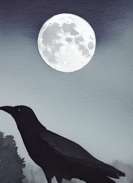Image similar to portrait, silhouette of a crow blends into the moon, watercolor, dramatic lighting, cinematic, establishing shot, extremely high detail, foto realistic, cinematic lighting, digital art, vector, by Yoshitaka Amano, Ruan Jia, Kentaro Miura, Artgerm, post processed, concept art, artstation, matte painting, style by eddie mendoza, raphael lacoste, alex ross
