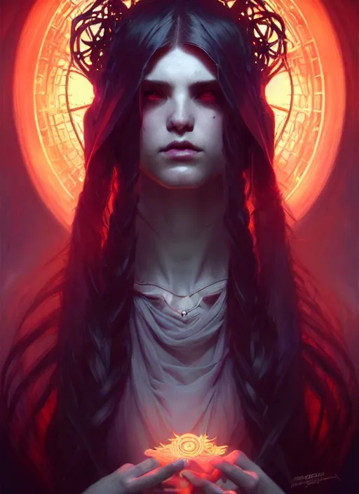 Image similar to Necromancer Sorceress, fantasy magic, undercut hairstyle, dark light night, intricate, elegant, sharp focus, illustration, highly detailed, digital painting, concept art, matte, art by WLOP and Artgerm and Greg Rutkowski and Alphonse Mucha, masterpiece