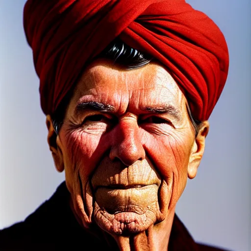 Prompt: portrait of president ronald reagan as afghan man, green eyes and red turban looking intently, photograph by steve mccurry