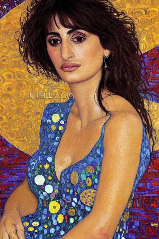 Image similar to oil painting, portrait of penelope cruz, artwork by gustav klimt