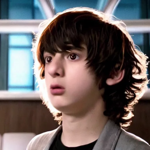 Prompt: a screenshot of finn wolfhard as l in death note ( the anime ) ( 2 0 0 6 ), anime, vhs quality