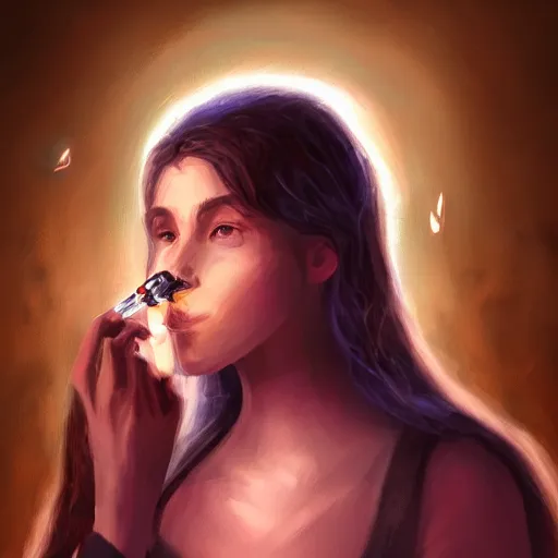 Image similar to portrait of a young female druid smoking pipeweed, D&D, moonlight, realistic, cinematic lighting, fantasy digital painting