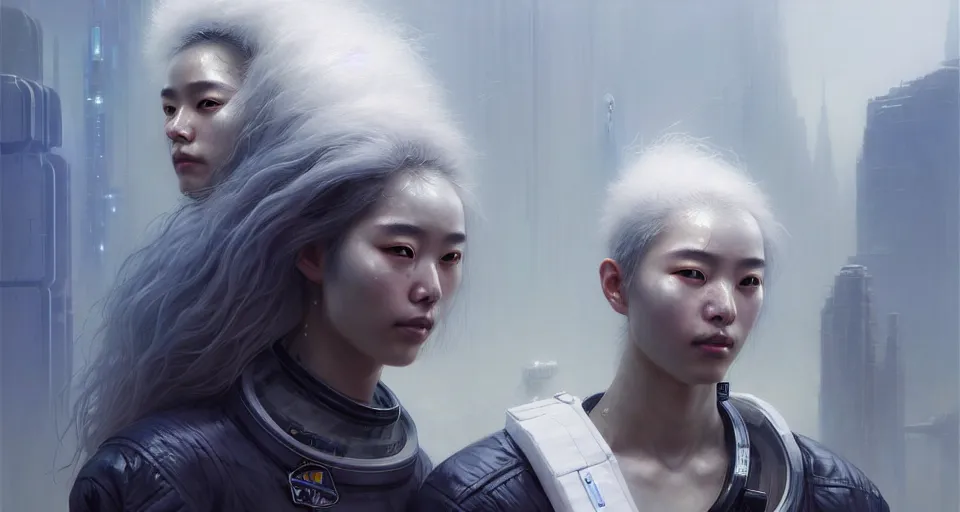 Image similar to portrait of yael shelbia and kang seul - gi, astronaut, symetrical facial, white hair, intricate design details. cyberpunk touareg, by ruan jia, weldon casey, christophe vacher. smooth gradients, transparent inflatable structures.