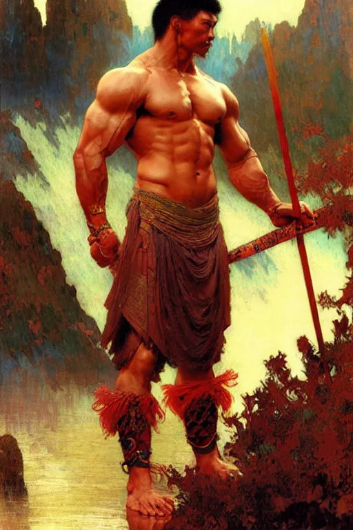 Image similar to attractive muscular man, wuxia, colorful, painting by gaston bussiere, craig mullins, greg rutkowski, alphonse mucha