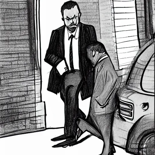 Prompt: a person in a suit with his head out of the shot walking by a homeless man begging for food, new york, pencil illustration, detailed, black and white