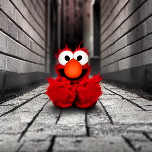 Image similar to Elmo in real life shooting up heroin in the back alley, gloomy and depressing, hyper realistic, 8k resolution, sharp focus