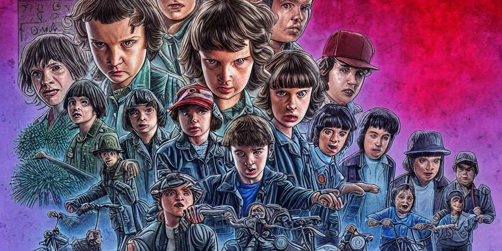 Image similar to stranger things cast, drawn by moebius, detailed