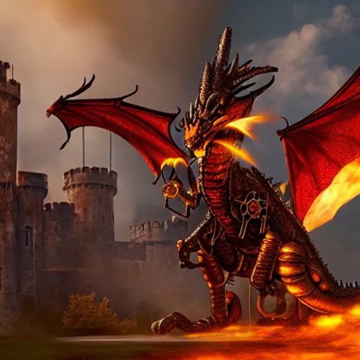 Prompt: photo of a steampunk dragon breathing fire in front of a medieval castle, 4k, highly detailed