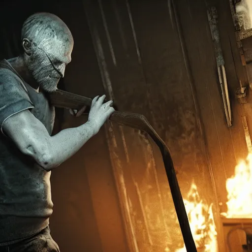 Image similar to jack baker from resident evil 7 ( 2 0 1 7 ) wielding axe, cinematic lighting, eerie atmosphere, re engine render, photorealistic face