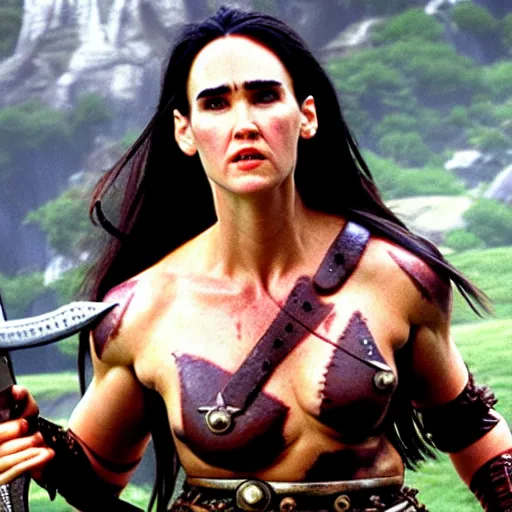 Prompt: jennifer connelly as a barbarian warrior, battle scene