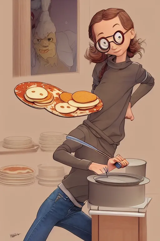 Image similar to millie brown making pancakes, animation pixar style, by pendleton ward, magali villeneuve, artgerm, rob rey and kentaro miura style, golden ratio, trending on art station