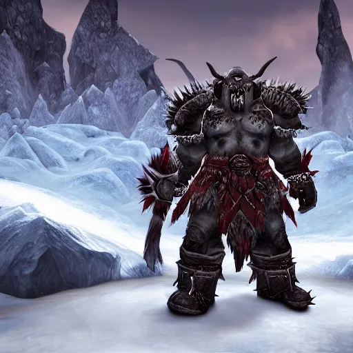 Image similar to world of warcraft orc warrior in spiky epic full plate armor standing in a vast icy lands and dark icy mounatins in the background, extremely detailed, wow, cinematic, unreal engine 5, artistic, movie poster, world of warcraft cinematics style