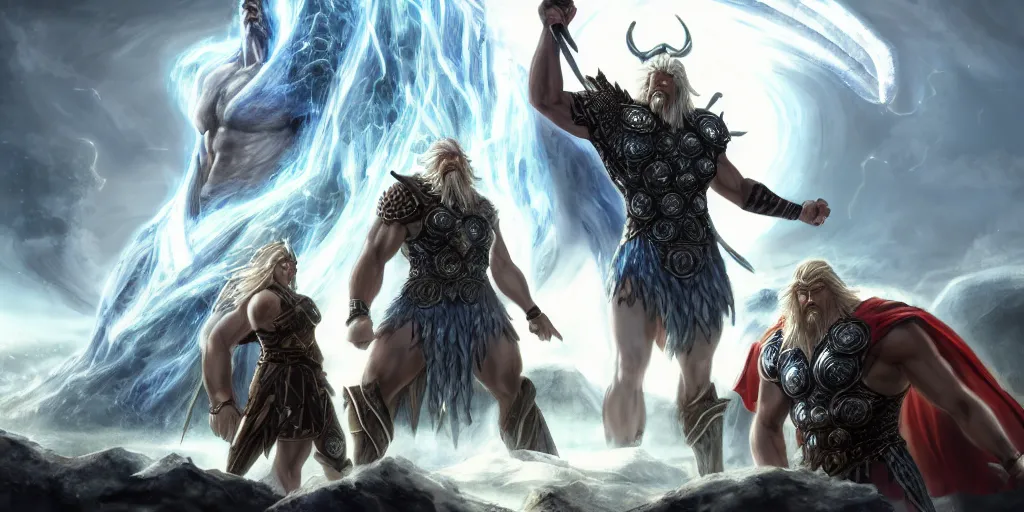 prompthunt: a epic and fantasy concept art of ragnarok, zeus, thor, by  tsuyoshi nagano, god of wars, aion, hyperdetailed, 8 k realistic,  symmetrical, wallpaper, long shot, frostbite 3 engine, cryengine, dof,  trending