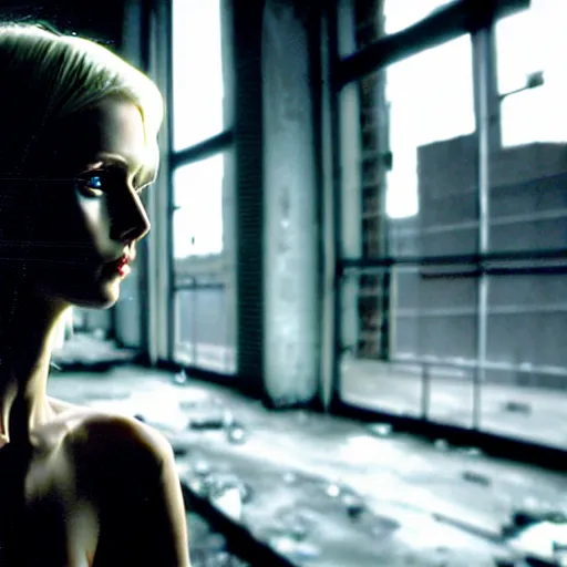 Prompt: worried, runaway beautiful supermodel replicant looking out the window in a dirty abandoned factory, short blonde hair, cyberpunk outfit, still from closed circuit tv footage, high angle