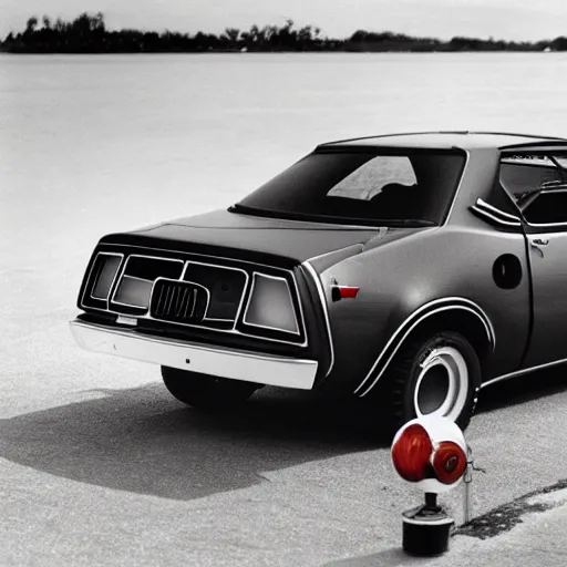 Prompt: A photograph of an AMC Gremlin with gull-wing doors.