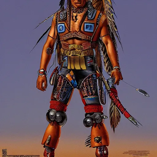 Image similar to a native american/aztec cybernetic mercenary in the style of Jean Giraud detailed realistic HD 8k High Resolution