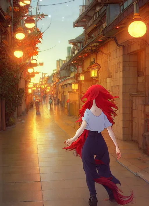 Prompt: beautiful young woman with long red hair walking down city street at night, path traced, highly detailed, high quality, digital painting, by studio ghibli and alphonse mucha, leesha hannigan, makoto shinkai, disney