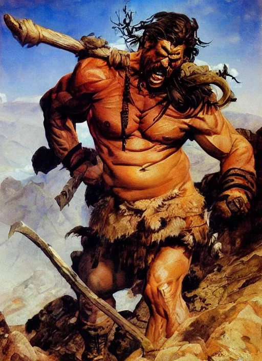 Image similar to portrait of barbarian on mountain, coherent! by mariusz lewandowski, by frank frazetta, deep color, strong line, high contrast