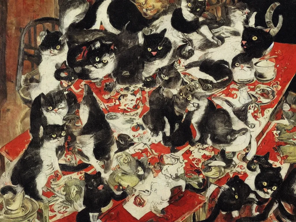 Prompt: cat breaking the china. Painting by Otto Dix