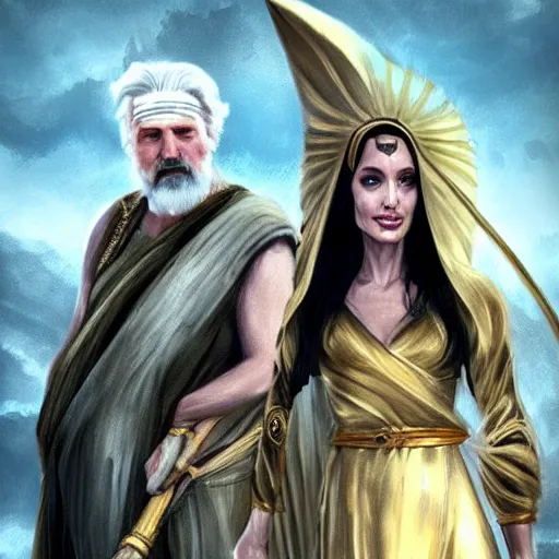 Prompt: Angelina Jolie as ancient greek woman in golden helmet, giant grey-haired bearded Liam Neeson face in the sky, epic fantasy style art, fantasy epic digital art