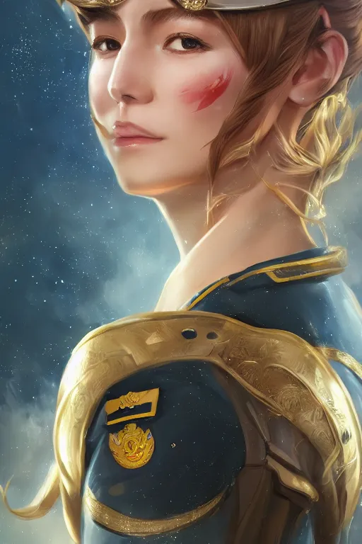 Image similar to beautiful portrait of a female officer wearing a fancy naval uniform, art by wlop and artgerm, science fiction, intricate detail, blonde hair, space background, trending on artstation, sharp focus, illustration, caustics, octane render, radiant light, 4 k