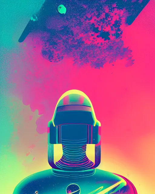 Prompt: strong jitter effects editorial illustration interior portrait of space ship with a young astronaut girl, colorful modern, mads berg, karolis strautniekas, christopher balaskas, fine texture, dynamic composition, detailed, matte print, dynamic perspective, halftone texture, muted color, lomography, risograph