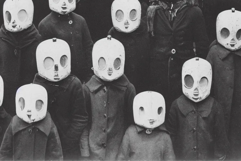 Image similar to vintage photo of villagers wearing weird masks by hilla becher, eerie, bizarre, highly detailed shot, dramatic 8 k uhd