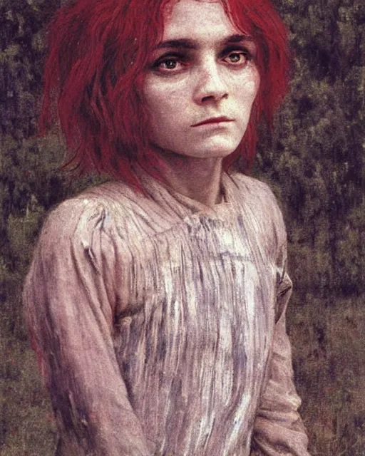 Image similar to a beautiful but sinister girl who looks like a young shirley henderson in dead space, with haunted eyes and crazy hair, horrifying, 1 9 7 0 s, seventies, delicate embellishments, a little blood, crimson, painterly, offset printing technique, by jules bastien - lepage