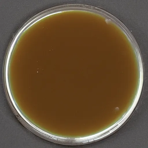 Prompt: light brown bacterial colonies with defined edges growing on mueller-hinton agar culture medium in a petri dish