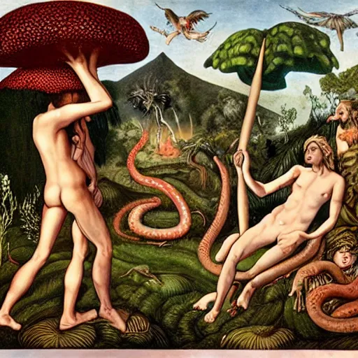Image similar to kenophobia horror vacui depicting adam and eve, in the garden of eden, eating a giant psychedelic mushroom, snakes and angels are in the background,