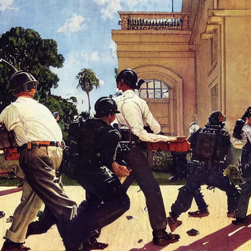 Image similar to norman rockwell painting of the fbi raiding mar - a - lago, highly detailed award winning painting,