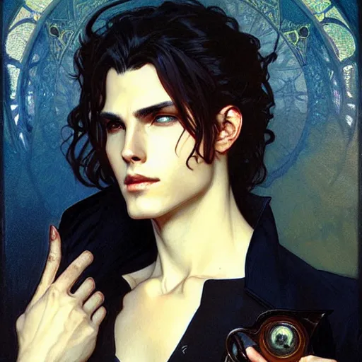 Image similar to attractive twenty first century male vampires beautiful eyes. highly detailed painting by artgerm and greg rutkowski and alphonse mucha 8 k