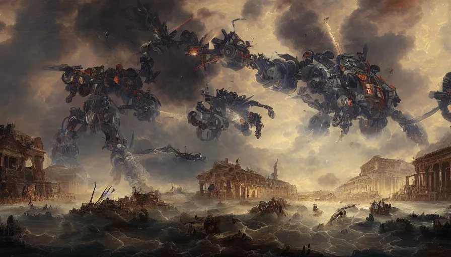 Image similar to 1 7 3 1's baroque painting of mecha destroying athens, hyperdetailed, artstation, cgsociety, 8 k