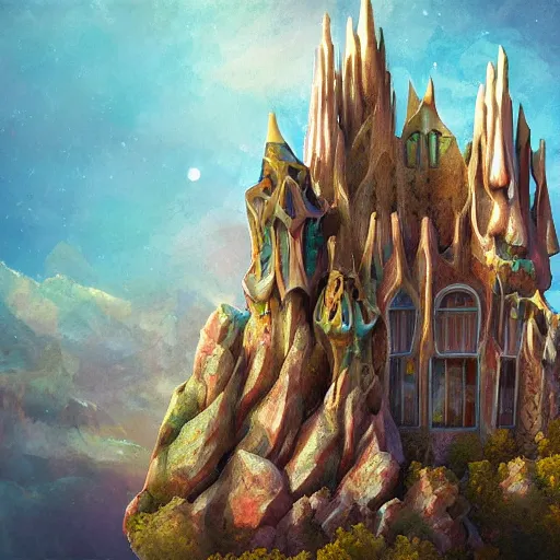 Prompt: cosmic palace sitting on a mountain in the sky by Antoni gaudi, digital painting, high resolution, artstation, cgrender, award-winning