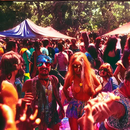 Prompt: expired kodak film photograph portrait of retro psychedelic trance hippy party in goa from 1 9 7 0, hyperrealism, photorealism, imax quality, 8 k