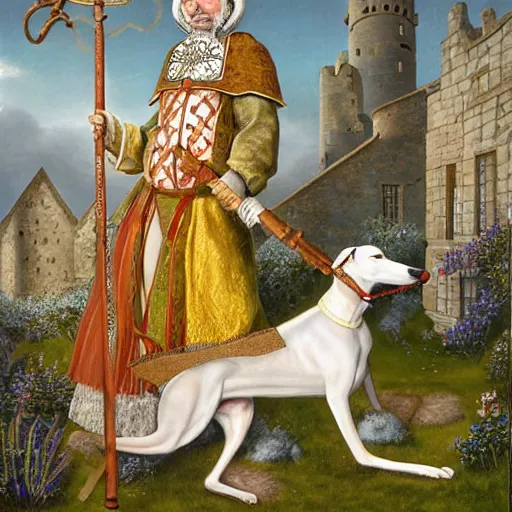 Prompt: Portrait of an anthropomorphic White Greyhound Monarch wearing a crown and holding a sceptre in a medieval blacksmiths. Very high quality. Drawn by James Christensen