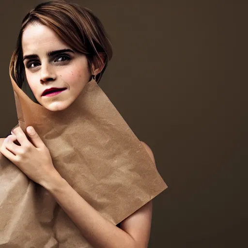 Image similar to emma watson with a brown paper bag over covering her head and face, ( sony a 7 r iv, symmetric balance, polarizing filter, photolab, lightroom, 4 k, dolby vision, photography awardm, voque, perfect face )