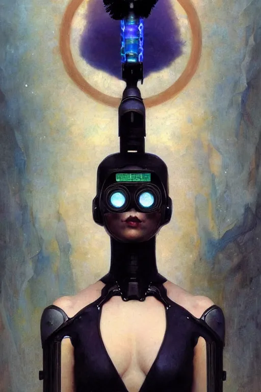 Image similar to portrait of raven, perfect future, iridescent color palette, by wlop and karol bak and bouguereau, 1 9 7 0 s retro future robot android. muted colors