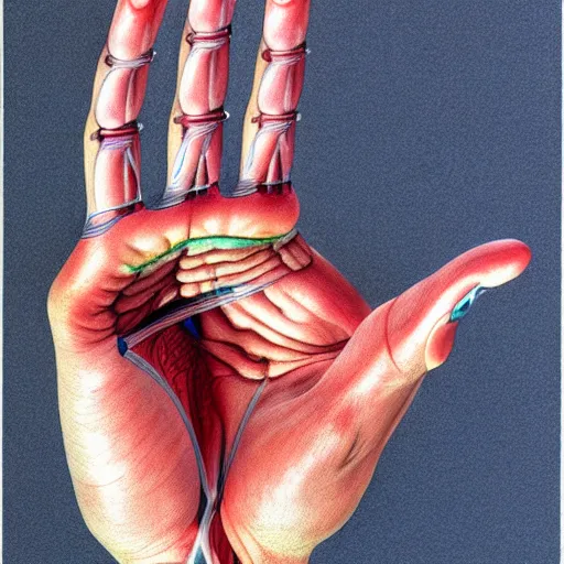 Image similar to medical reference, anatomical illustration of a hand : : anatomy study of hand : : hyperrealism, colored pencil illustration