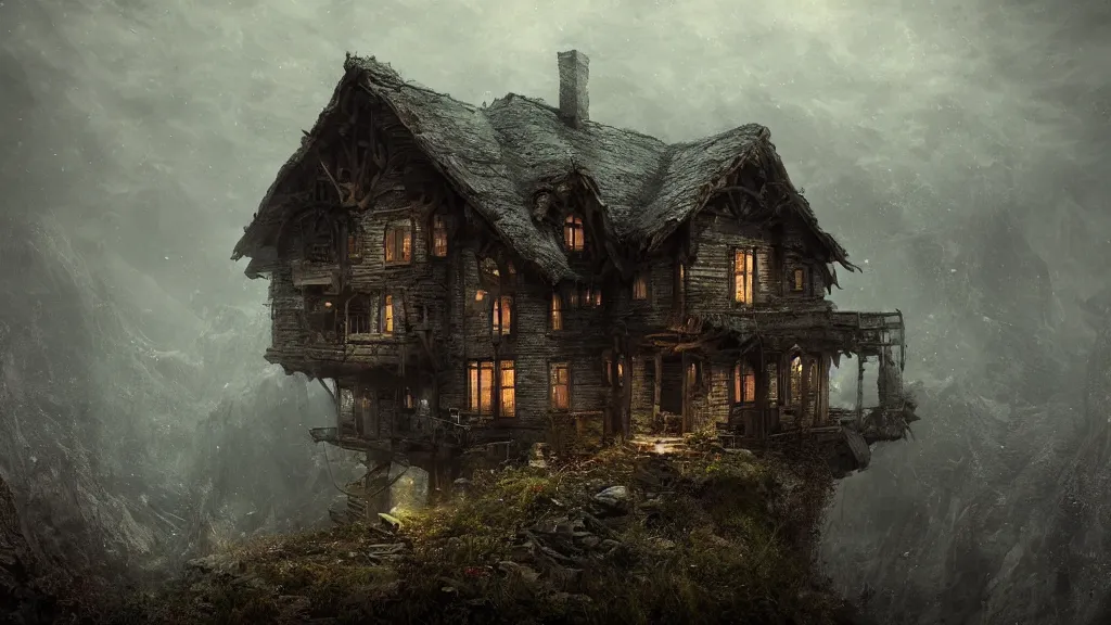 Image similar to A singular rotting cottage on a mountaintop at night, horror painting, by Bastien LeCouffe-Deharme, hyperrealistic, Blender 8k UHD